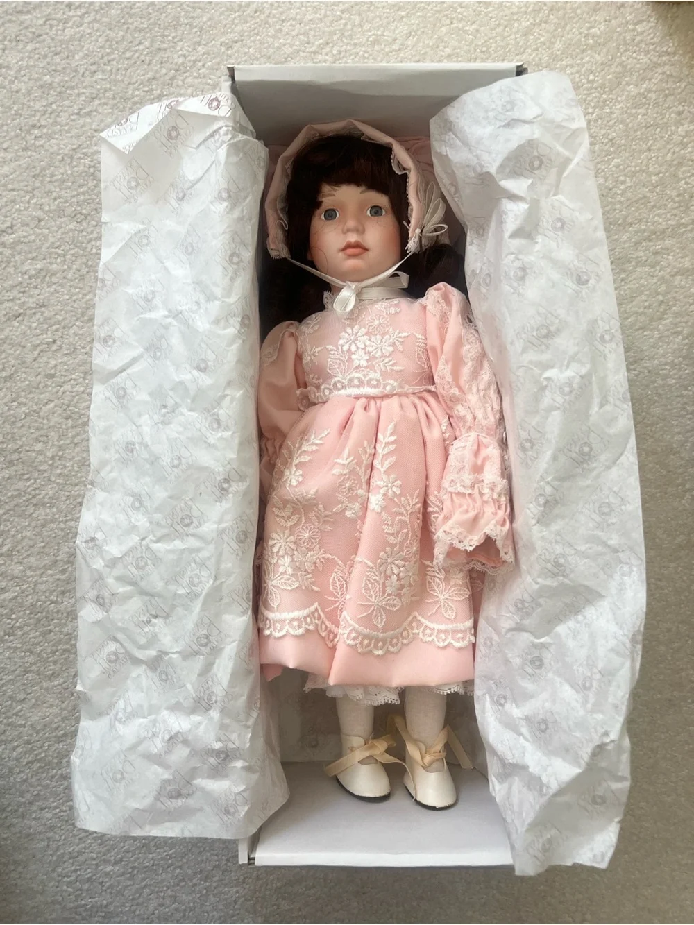 Vintage Dynasty Doll Collection Porcelain Doll Pink Lace Dress & Bonnet with Box